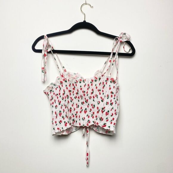 Cherry Print Ruffle Trim Drawstring Ruched Cami Top - Picture 3 of 3